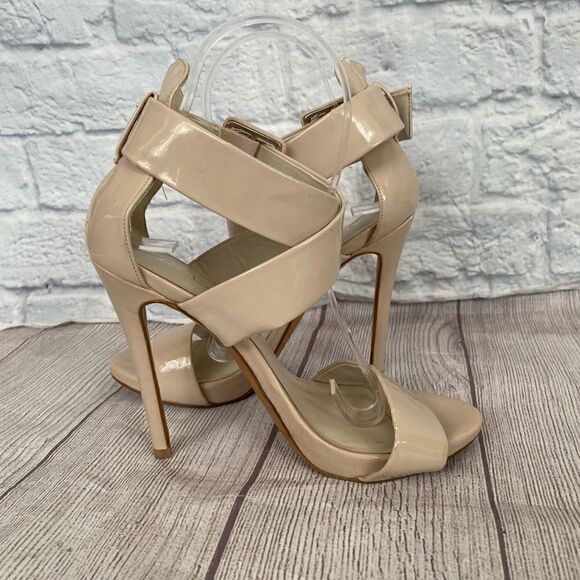 Aldo women 6 patent leather open toe wide strap buckle heels beige - Picture 2 of 11